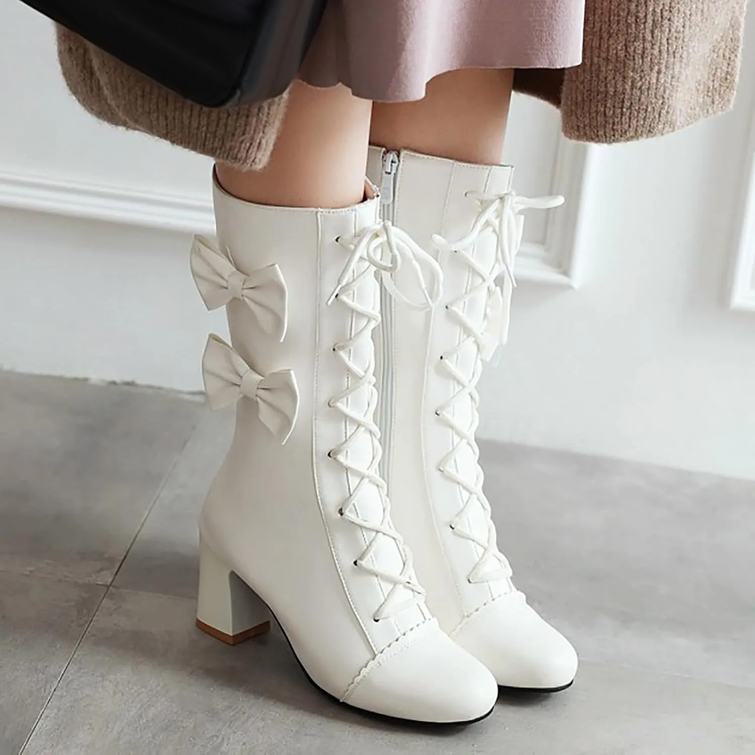 2024 Autumn And Winter New Women Pink Bowknot Lace Up Chunky Heel Mid Calf Boots Womens Wide Calf Dress Boots Sweet Style