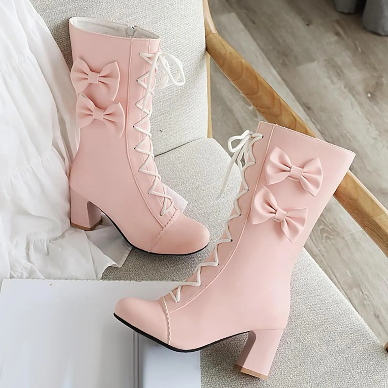 2024 Autumn And Winter New Women Pink Bowknot Lace Up Chunky Heel Mid Calf Boots Womens Wide Calf Dress Boots Sweet Style
