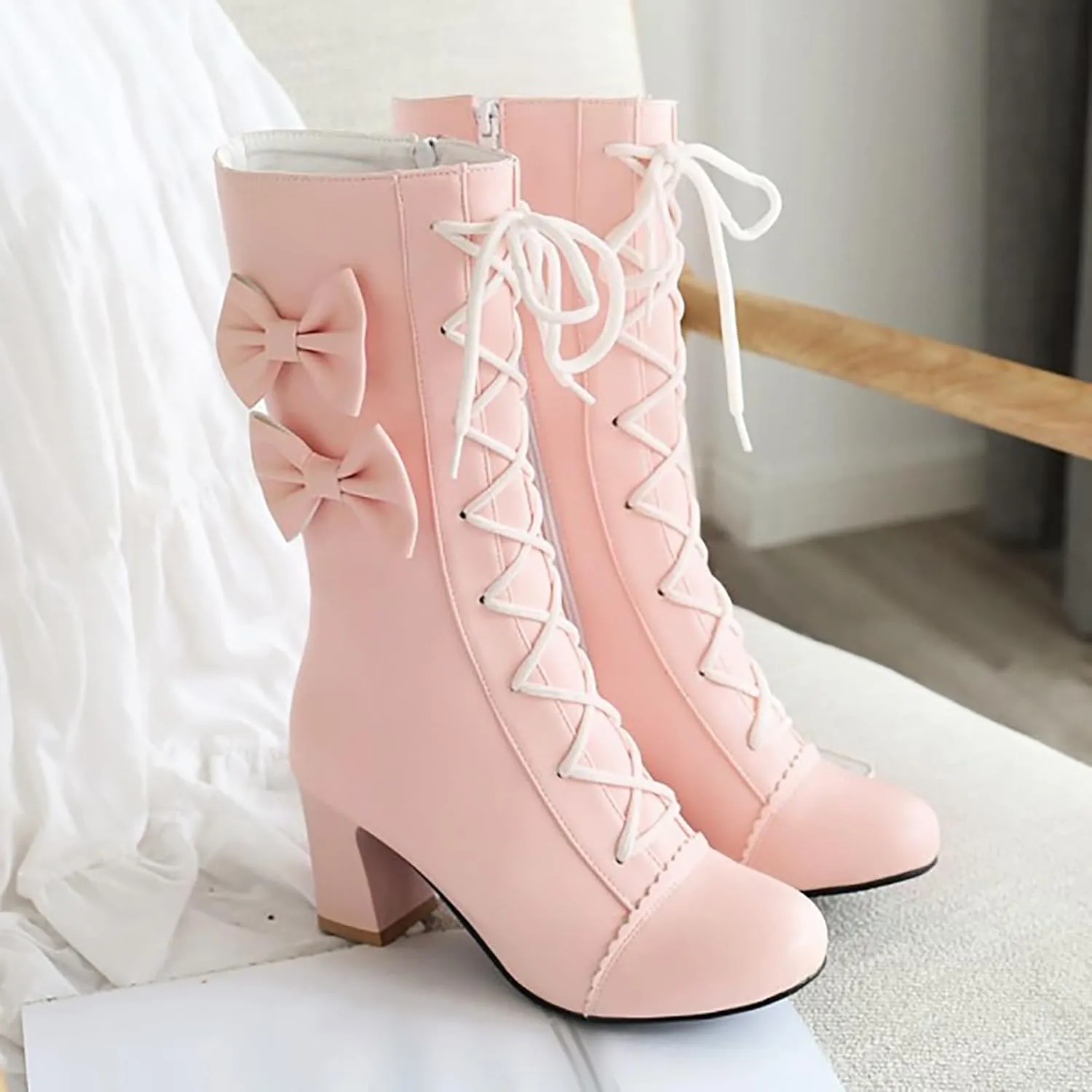 2024 Autumn And Winter New Women Pink Bowknot Lace Up Chunky Heel Mid Calf Boots Womens Wide Calf Dress Boots Sweet Style