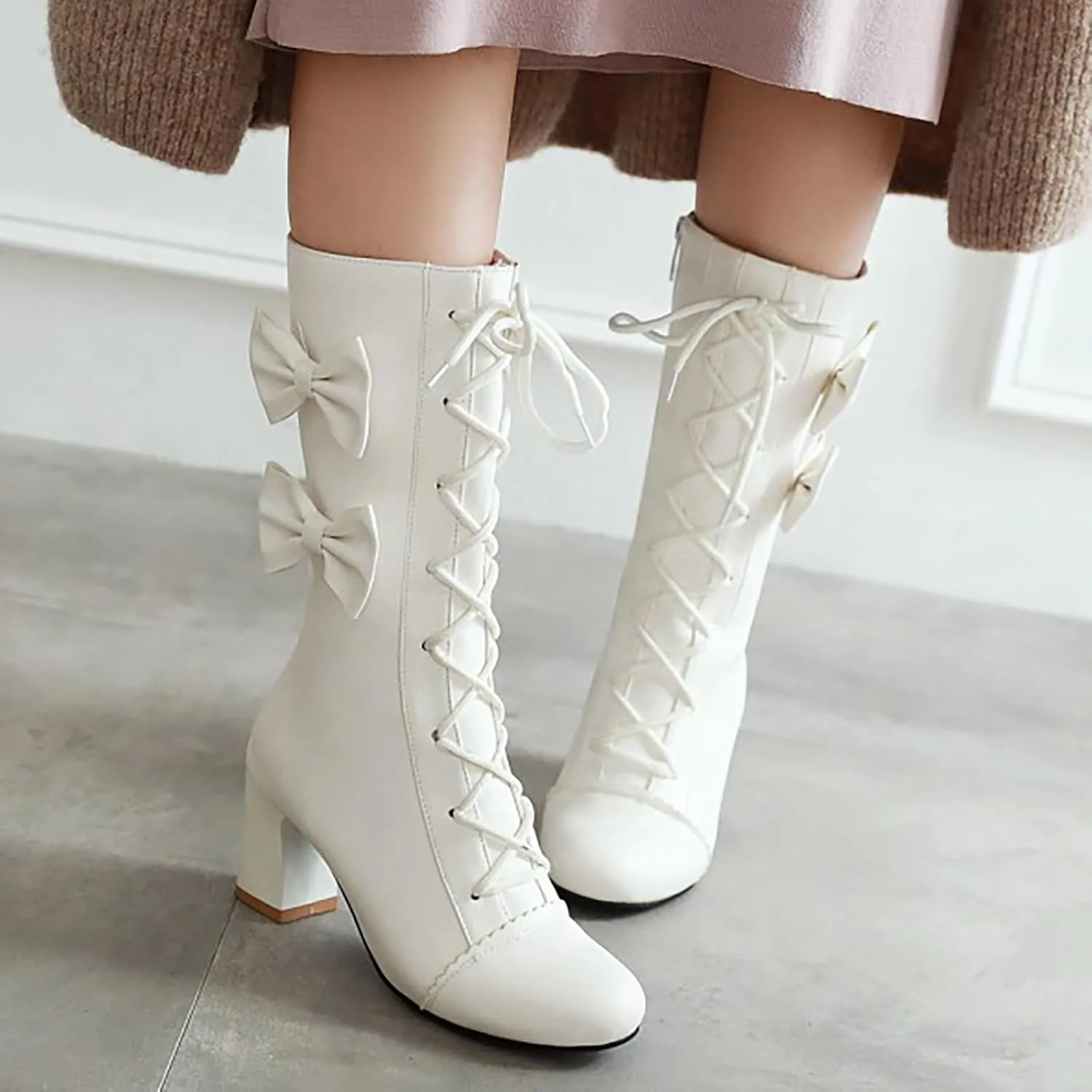 2024 Autumn And Winter New Women Pink Bowknot Lace Up Chunky Heel Mid Calf Boots Womens Wide Calf Dress Boots Sweet Style