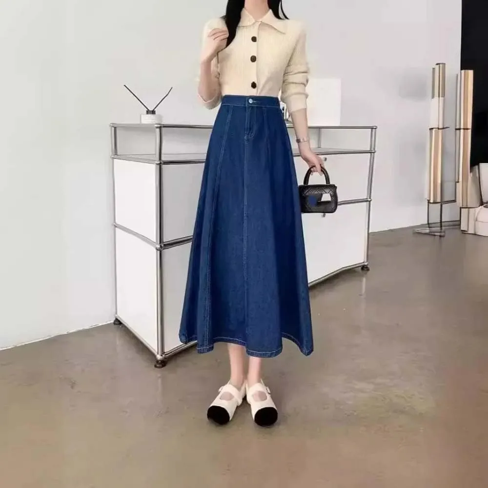 Adhdyuud Women High Waist Solid Flared Denim Skirt Casual A-Line Elegant Long Maxi Skirt