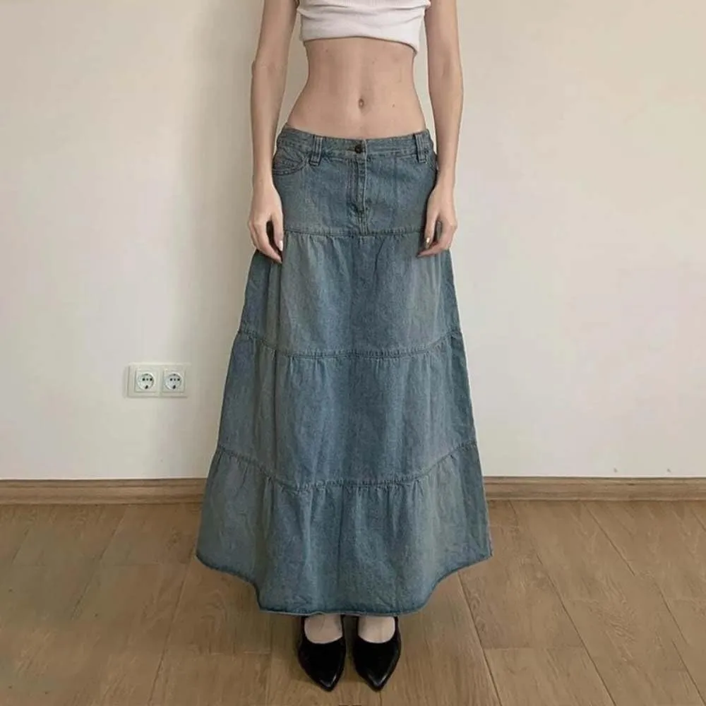Adhdyuud Women Vintage Blue A-Line Jeans Skirt Casual Y2K Streetwear Denim Long Skirts