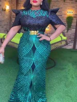 African Luxury Sequin Evening Dresses for Women – Elegant Ankara Wedding & Party Gown, Long Dress for Ladies