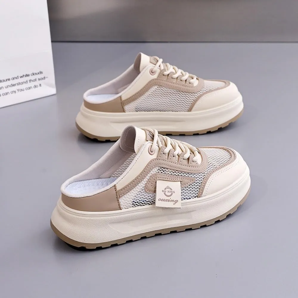 Backless Tennis Shoes for Women Wide Mule Sneakers Slip on House Slippers Platform Sandals Breathable Mesh Lightweight Casual Sports Shoes No Slip Comfort Walking Slides Summer Office Gym Driving