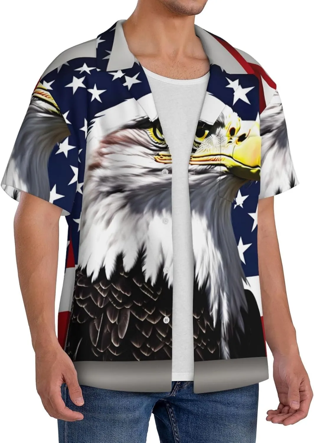 Bald Eagle Flag Printing Men's Fashion Summer Short Sleeve Button Shirt with Pocket,S-4xl Cuban Shirt Hawaiian Shirt