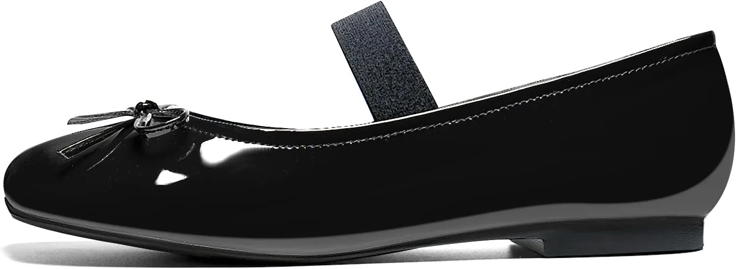 Ballet Flats for Women Square Toe Low Heel Slip on with Bow Ankle Strap Ladies Shoes