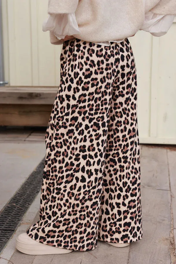 Beige Leopard Print Wide-Leg Drawstring Pants