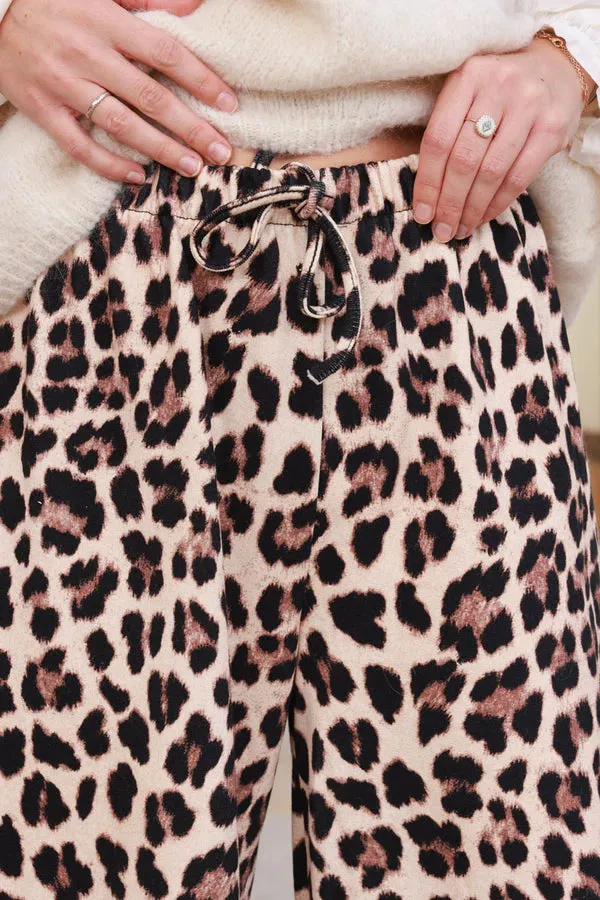 Beige Leopard Print Wide-Leg Drawstring Pants