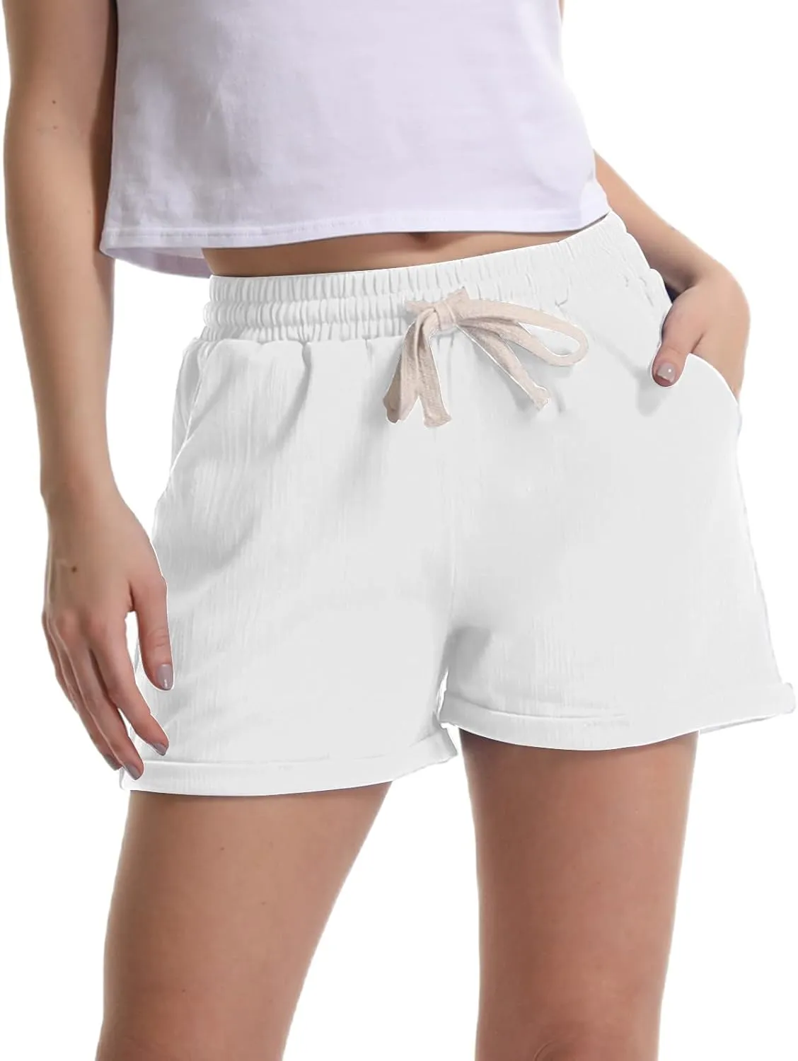 Bermuda Shorts for Women Cotton Linen Comfy Plus Size Elastic Waist Knee Length Travel Shorts for Summer Walking Beach