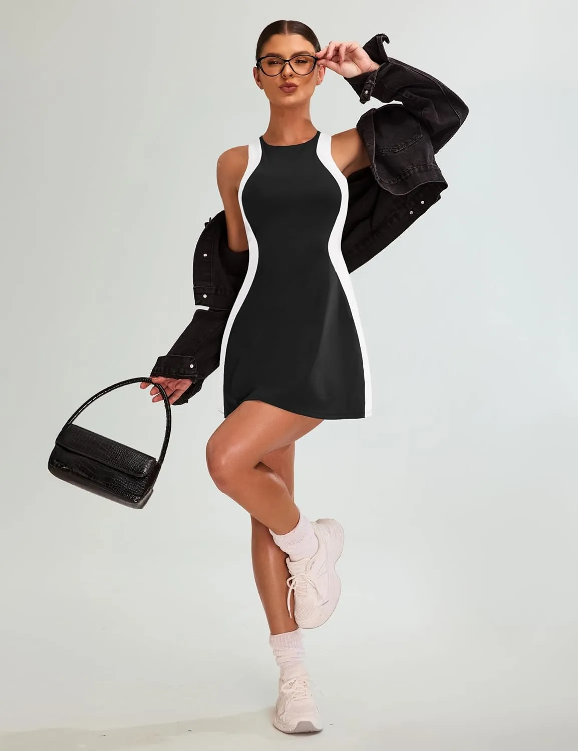 Blooming Jelly Women Tennis Dress Casual Athletic Color Block Outfit Racerback Built in Bra Golf Separate Shorts with Pocket