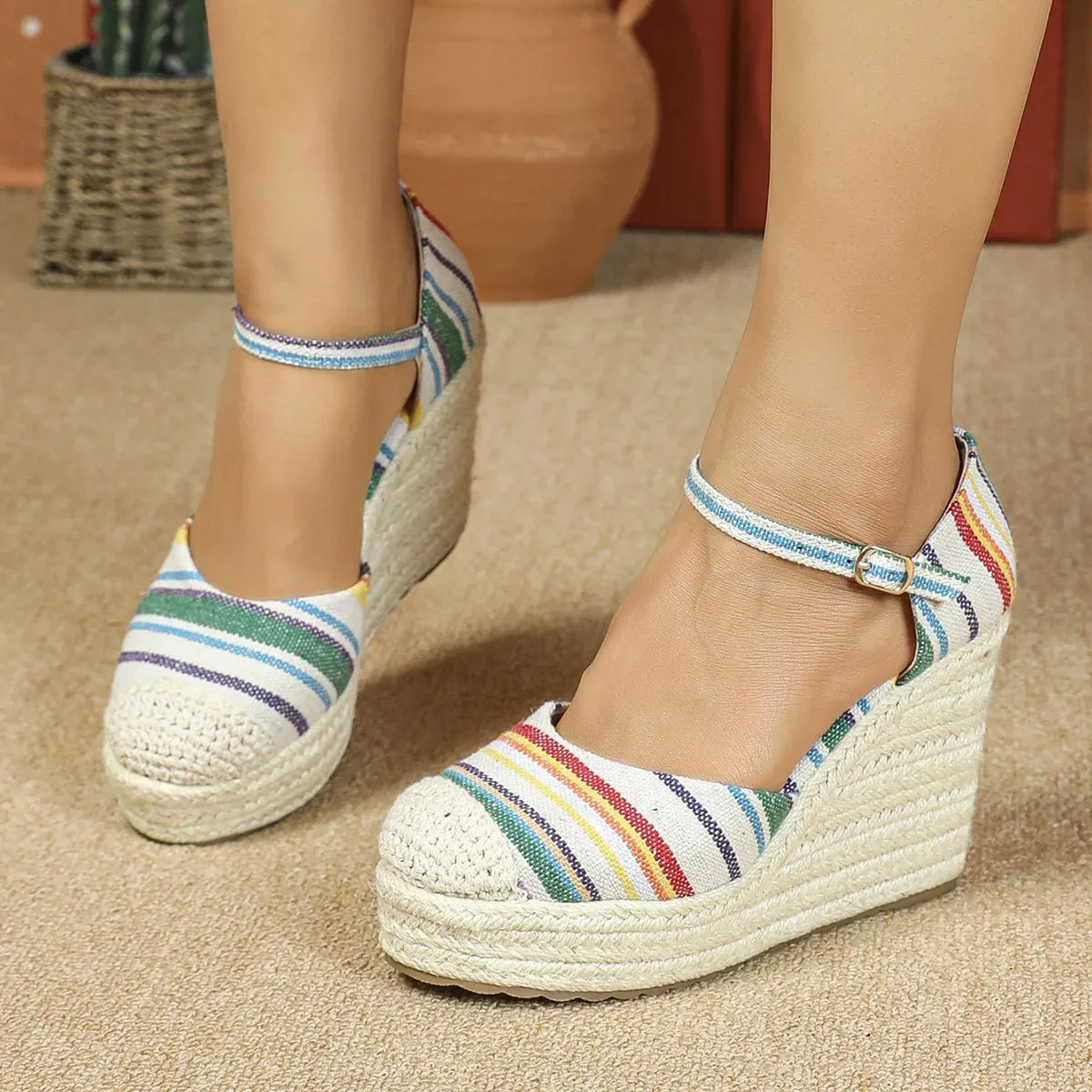 bohimian sandals wedges toe shoes ankle Secure shipping comfort platform espadrilles pumps LIHUAMAO women round Exclusive options heel strap csaual sandals