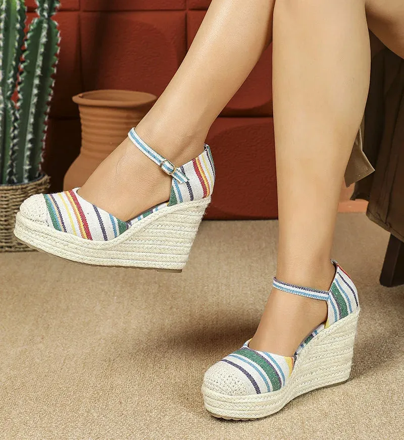 bohimian sandals wedges toe shoes ankle Secure shipping comfort platform espadrilles pumps LIHUAMAO women round Exclusive options heel strap csaual sandals