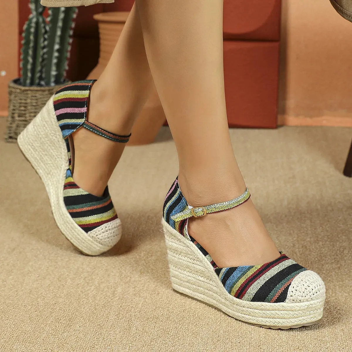 bohimian sandals wedges toe shoes ankle Secure shipping comfort platform espadrilles pumps LIHUAMAO women round Exclusive options heel strap csaual sandals