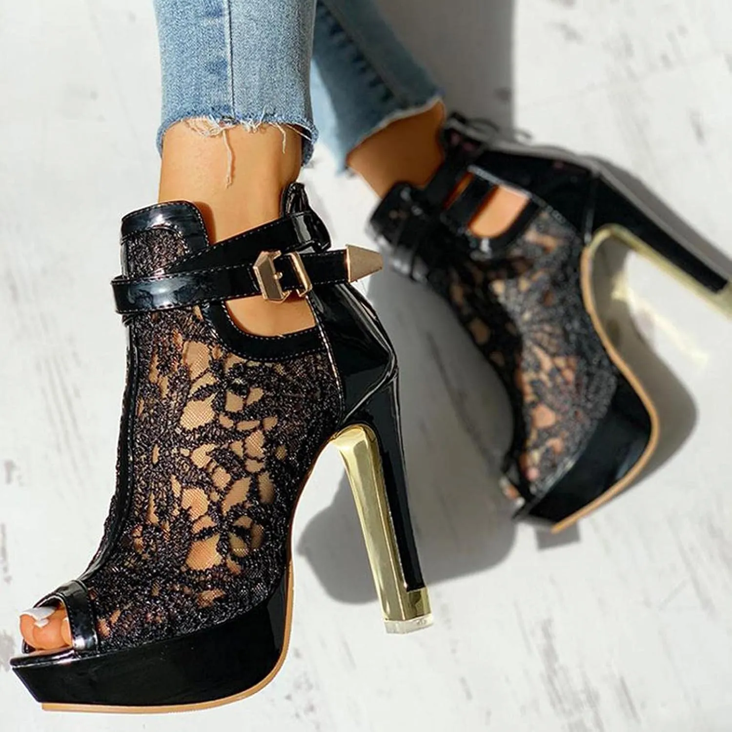 BORAMAX Women's Pretty Lace Flowers Open Toes High Heels Ankle Boots Platform Boots Peep Toe Colorful Casual Womens Boots