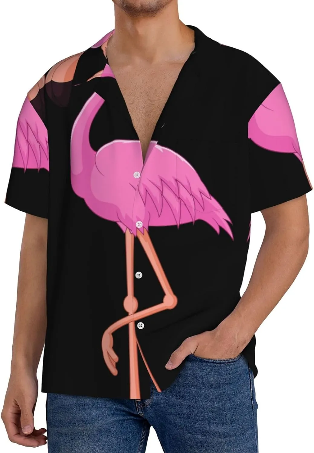 Cartoon Flamingo Printing Men's Fashion Summer Short Sleeve Button Shirt with Pocket,S-4xl Cuban Shirt Hawaiian Shirt