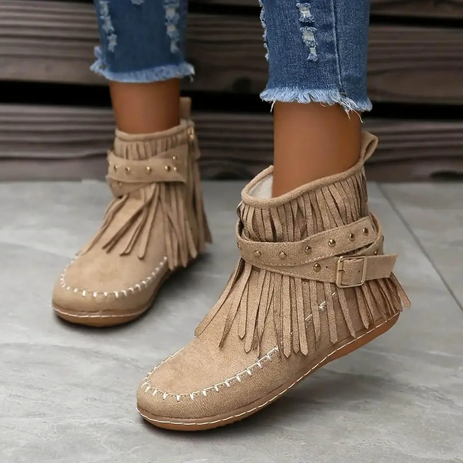 Cathalem Ankle Boots for Women Fringe Faux Suede Boots Retro Round Toe Fringe Buckle Strap Low Heel Rome Flat Shoes