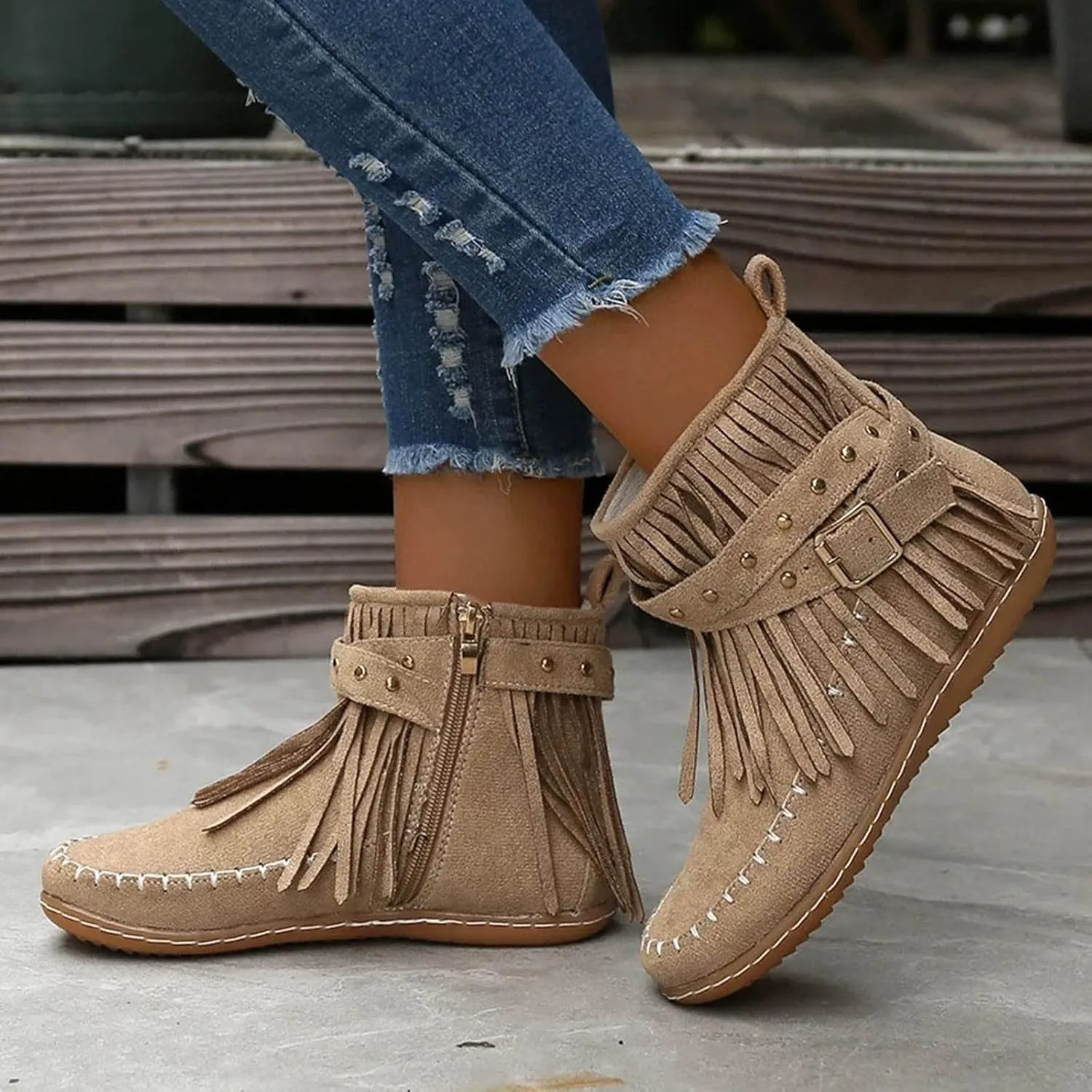 Cathalem Ankle Boots for Women Fringe Faux Suede Boots Retro Round Toe Fringe Buckle Strap Low Heel Rome Flat Shoes