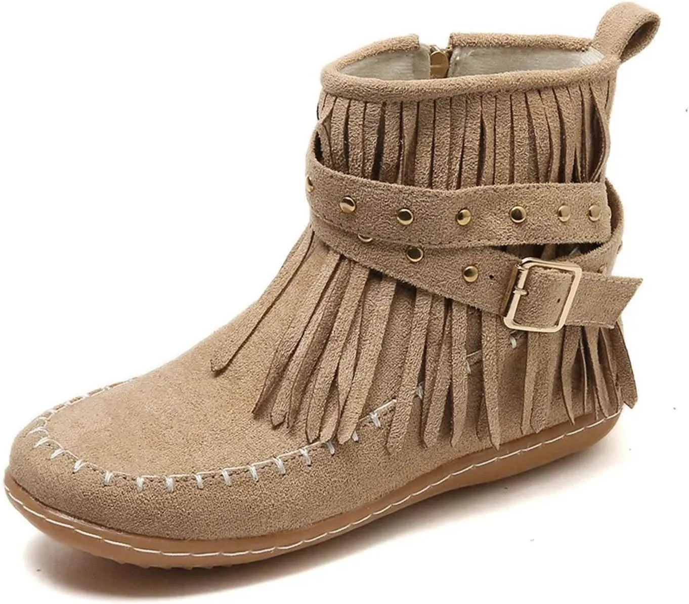 Cathalem Ankle Boots for Women Fringe Faux Suede Boots Retro Round Toe Fringe Buckle Strap Low Heel Rome Flat Shoes