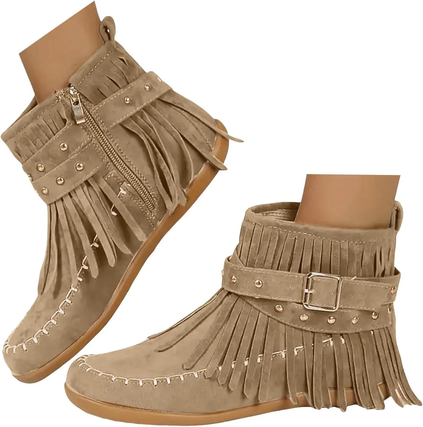 Cathalem Ankle Boots for Women Fringe Faux Suede Boots Retro Round Toe Fringe Buckle Strap Low Heel Rome Flat Shoes