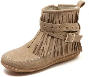 Cathalem Ankle Boots for Women Fringe Faux Suede Boots Retro Round Toe Fringe Buckle Strap Low Heel Rome Flat Shoes