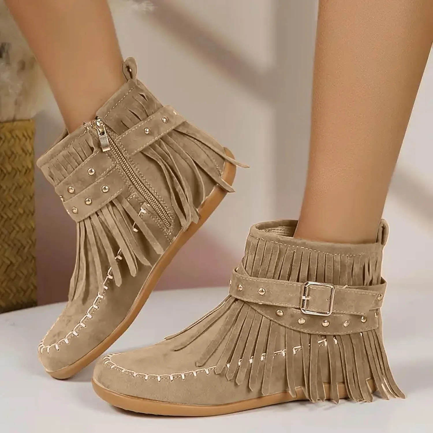 Cathalem Ankle Boots for Women Fringe Faux Suede Boots Retro Round Toe Fringe Buckle Strap Low Heel Rome Flat Shoes