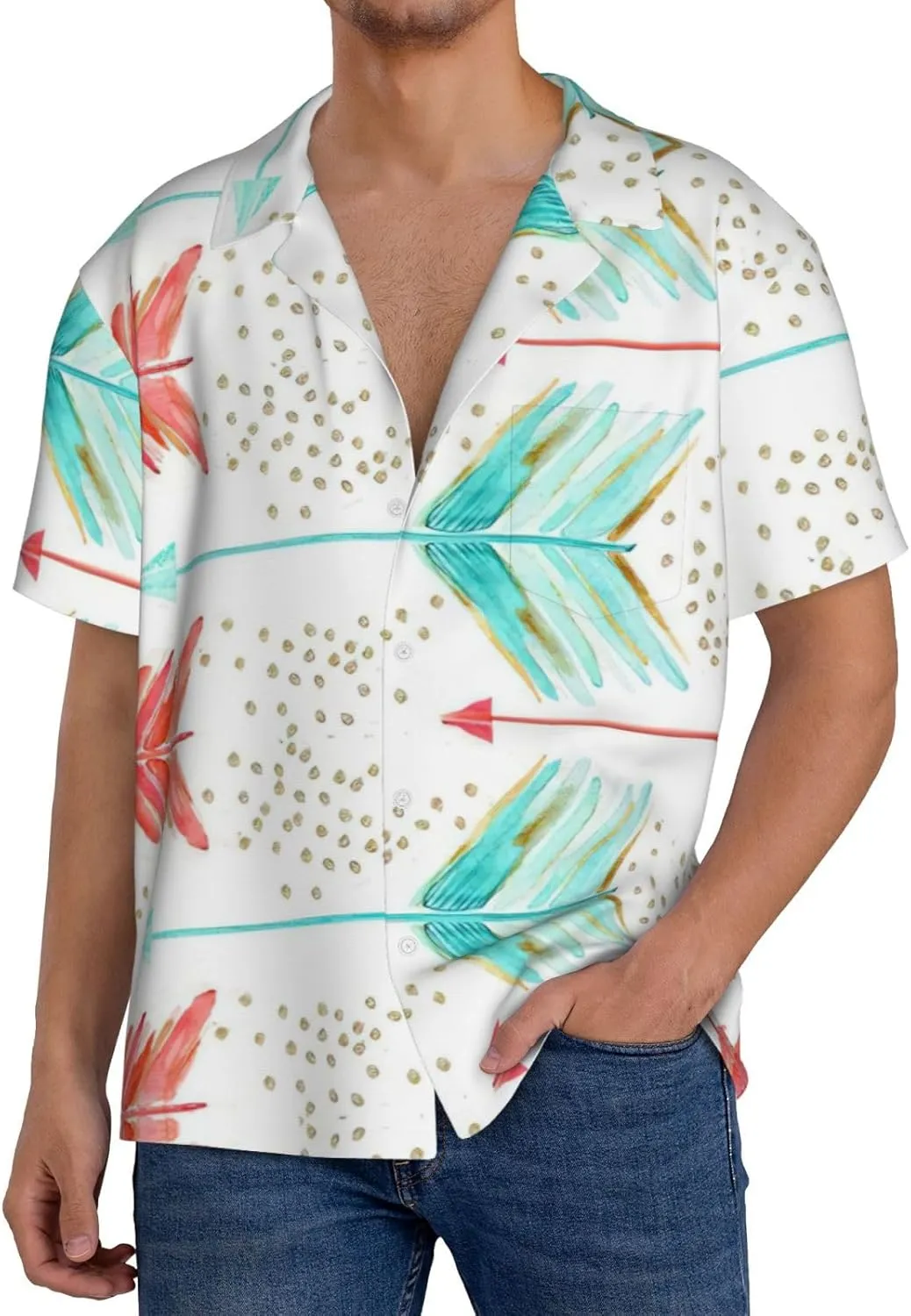 Coral and Teal Arrows Printing Men's Fashion Summer Short Sleeve Button Shirt with Pocket,S-4xl Cuban Shirt Hawaiian Shirt