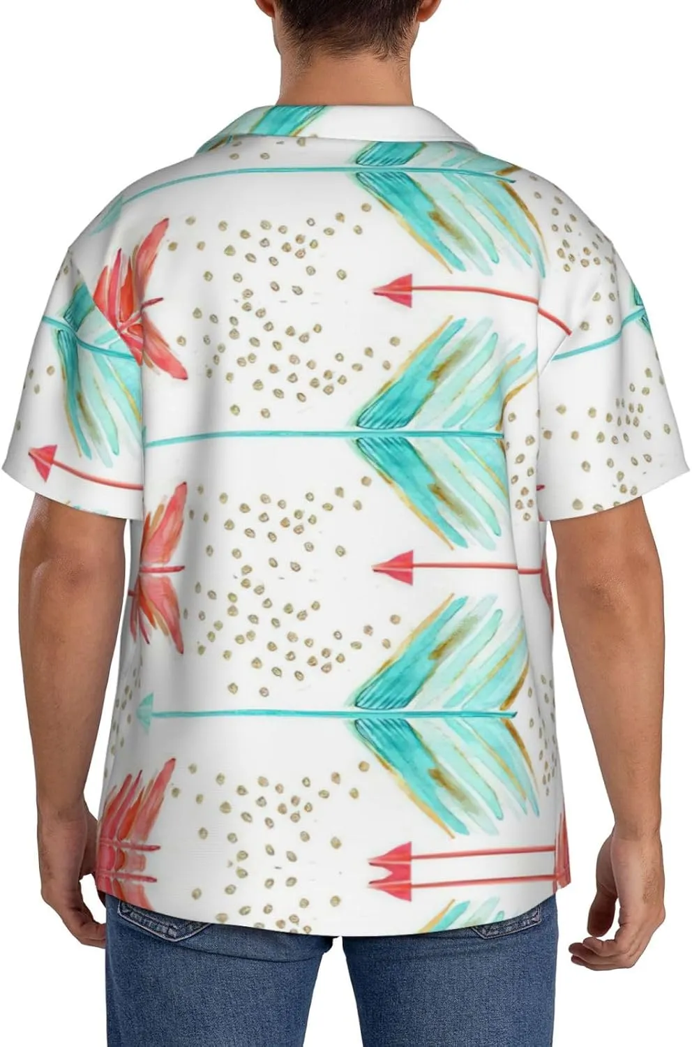 Coral and Teal Arrows Printing Men's Fashion Summer Short Sleeve Button Shirt with Pocket,S-4xl Cuban Shirt Hawaiian Shirt