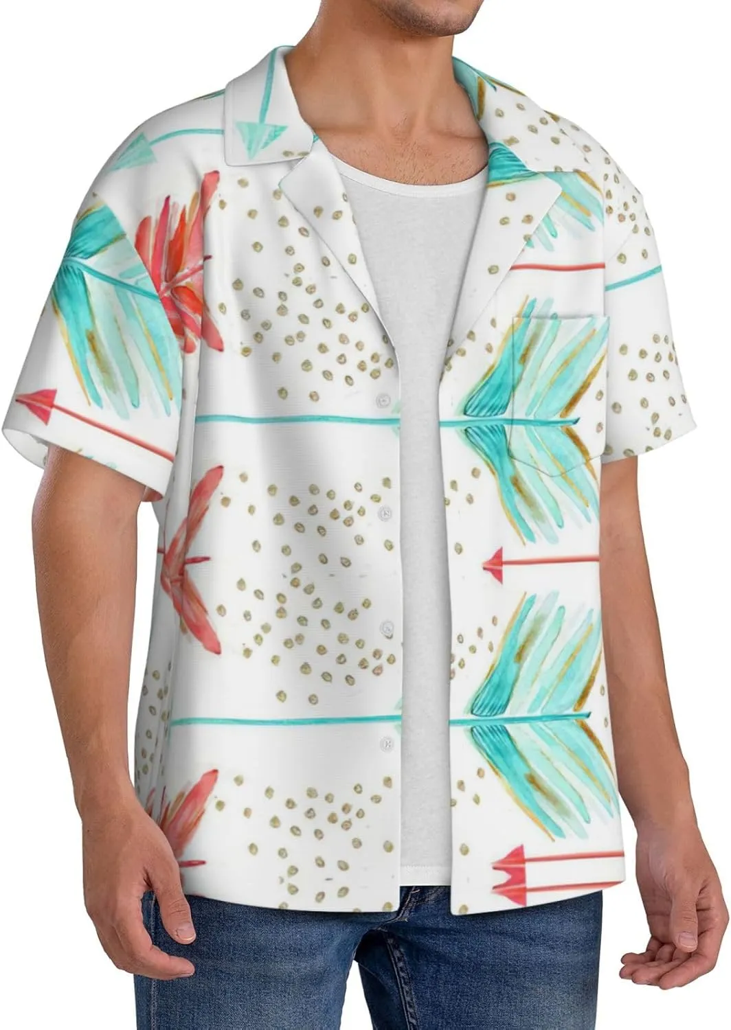 Coral and Teal Arrows Printing Men's Fashion Summer Short Sleeve Button Shirt with Pocket,S-4xl Cuban Shirt Hawaiian Shirt