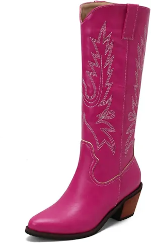 Cowboy Boots for Women, Wide Calf Knee High Cowgirl Boots with Side Zipper and Sparkly Glitter Embroidery, Mid Heel Retro Fashion Tall Cowgirl Boot Pull On for Ladies-Rose Red||34