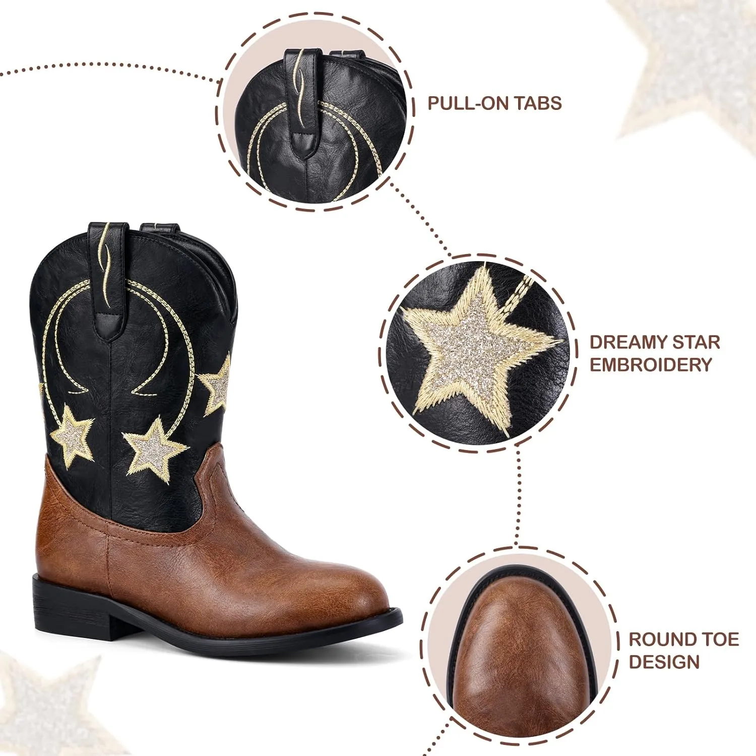 Cowgirl Cowboy Boots for Girls Kids - Western Mid Calf Round Toe Star Boot for Toddler Girl Child Little Kid Big Kid, Christmas Stocking Stuffers for Girls