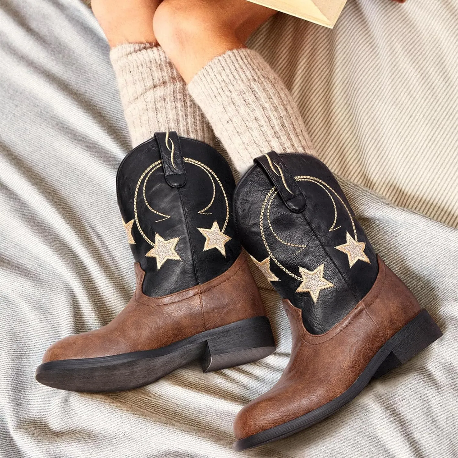 Cowgirl Cowboy Boots for Girls Kids - Western Mid Calf Round Toe Star Boot for Toddler Girl Child Little Kid Big Kid, Christmas Stocking Stuffers for Girls