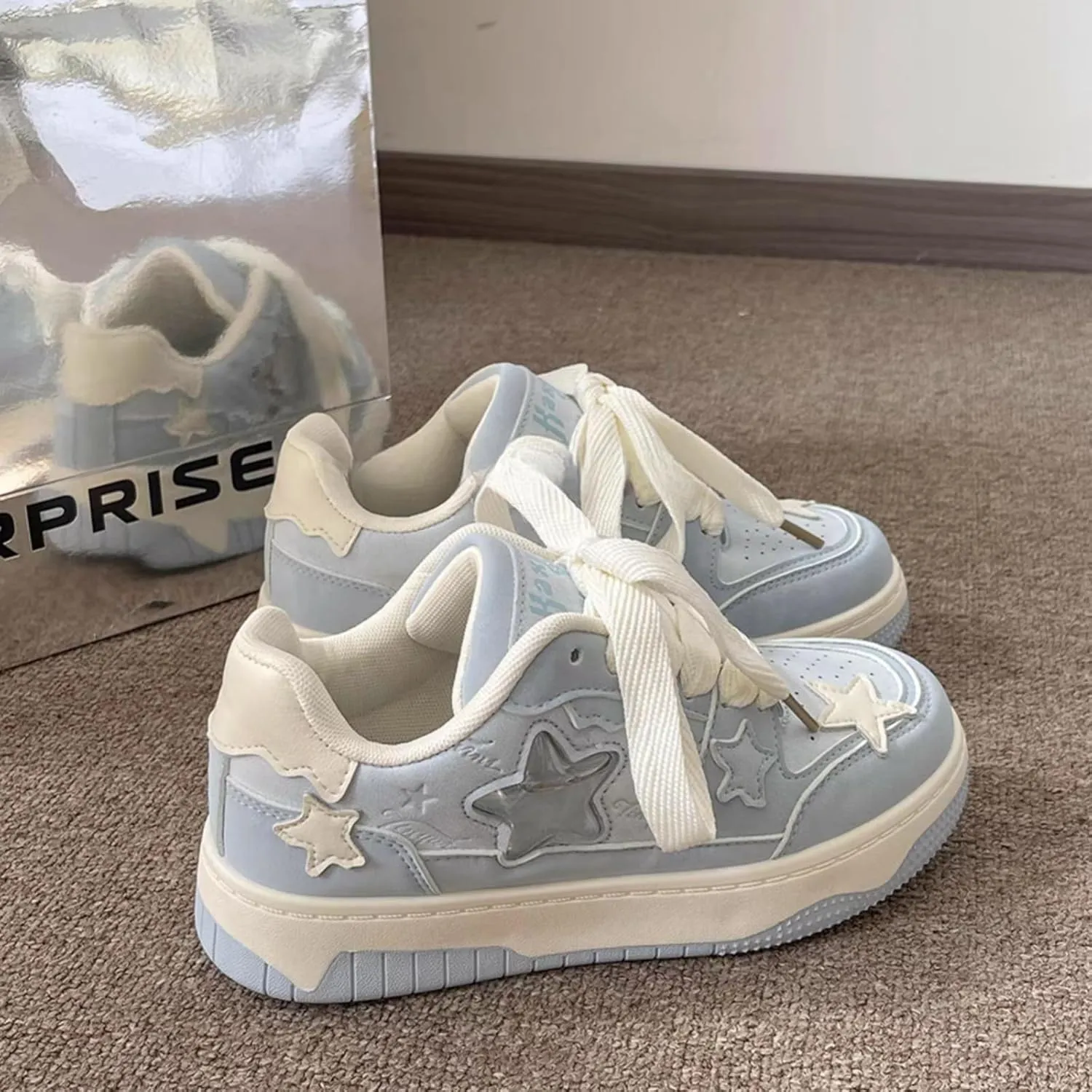 Cute Chunky Sole 3D Star Design Walking Sneakers for Women, Blue Breathable Aesthetic Shoes Gifts for Girls Teens Fashion Comfort