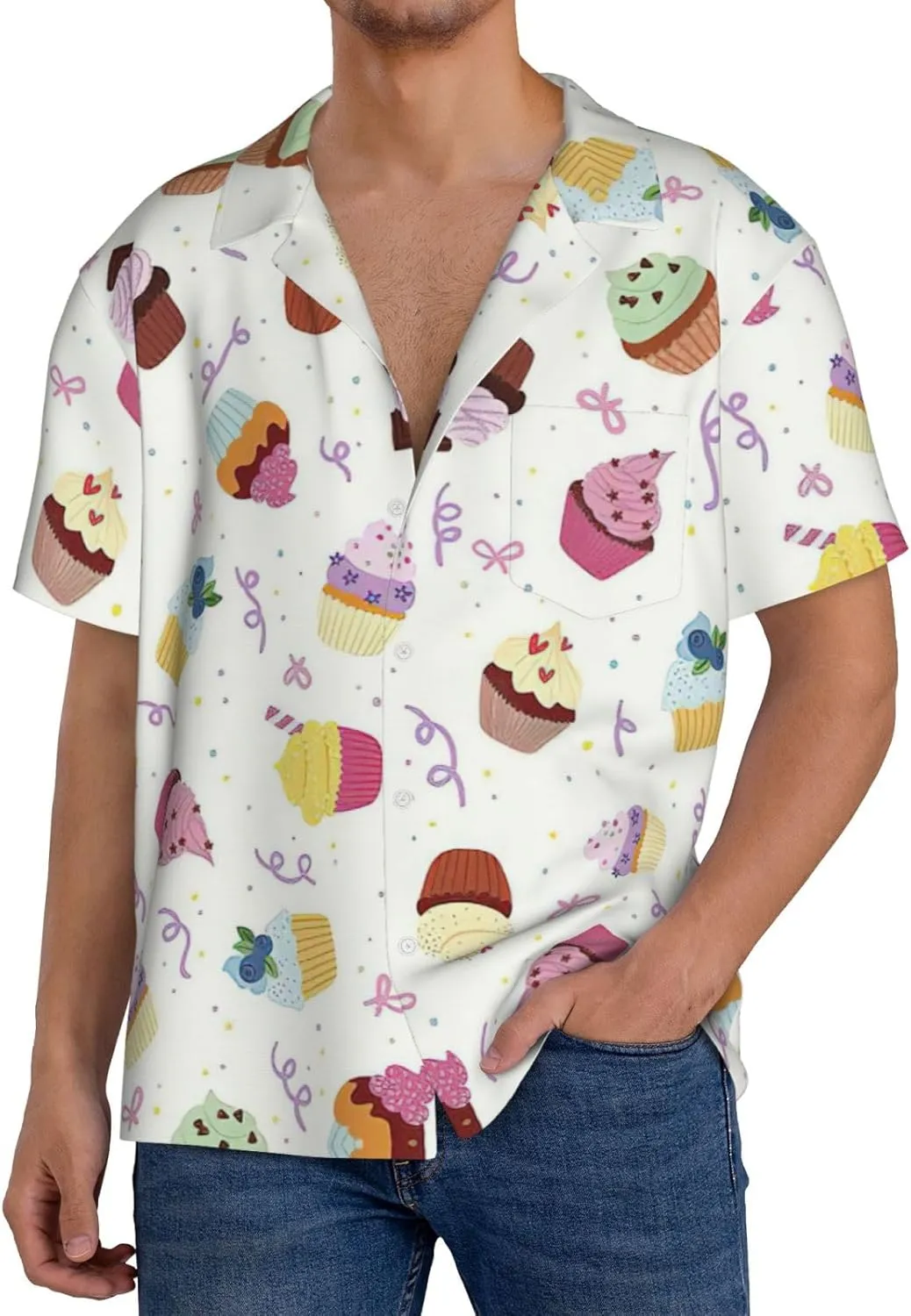 Delicious Cupcakes Printing Men's Fashion Summer Short Sleeve Button Shirt with Pocket,S-4xl Cuban Shirt Hawaiian Shirt