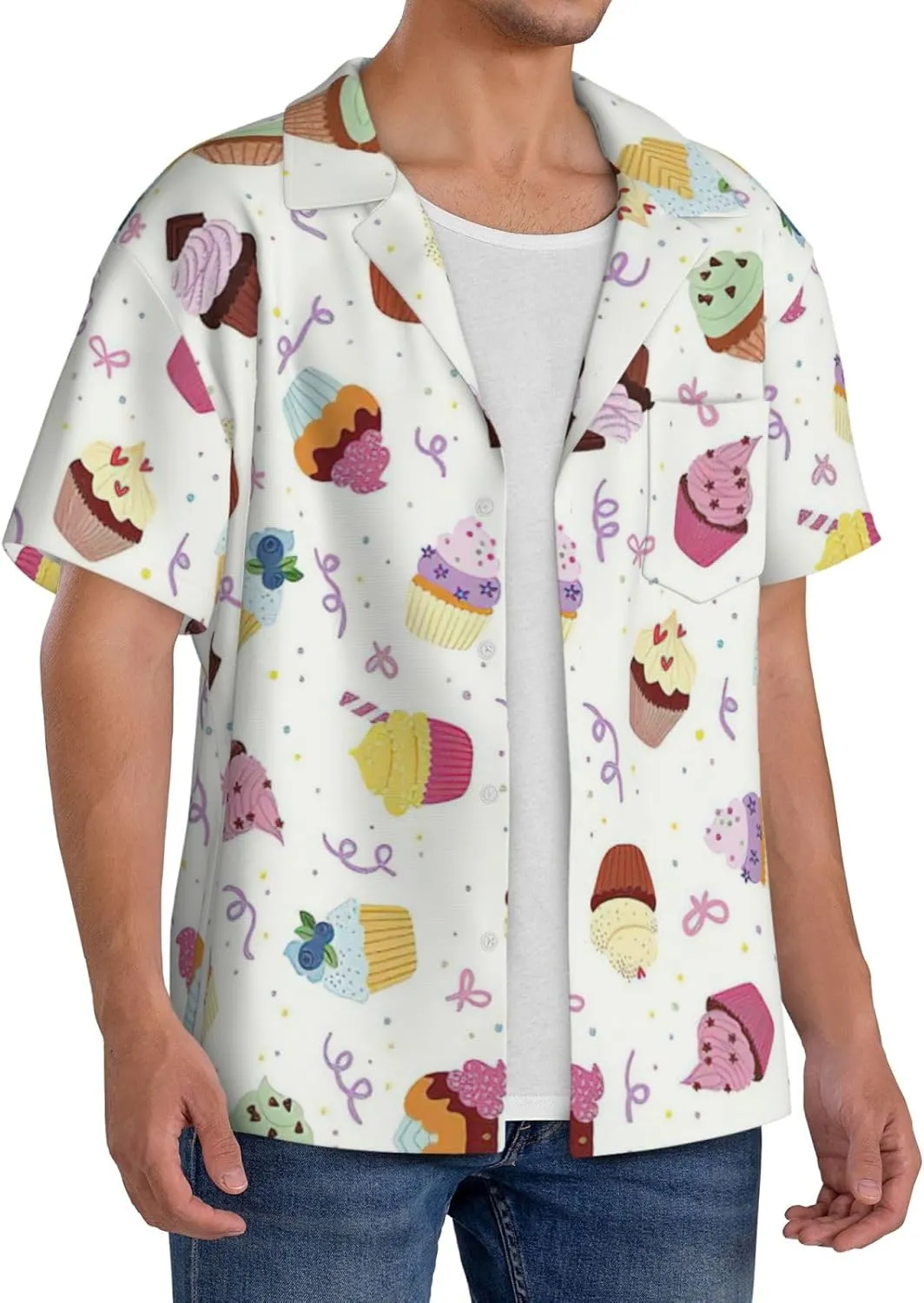 Delicious Cupcakes Printing Men's Fashion Summer Short Sleeve Button Shirt with Pocket,S-4xl Cuban Shirt Hawaiian Shirt