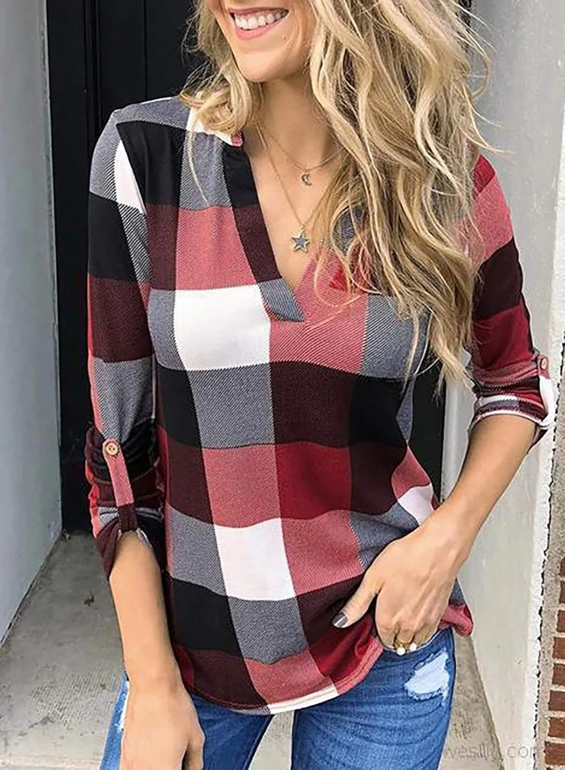 Dokotoo Womens Basic Casual V Neck Plaid Print Cuffed Long Sleeve Work Tops Blouses Shirts S-3XL