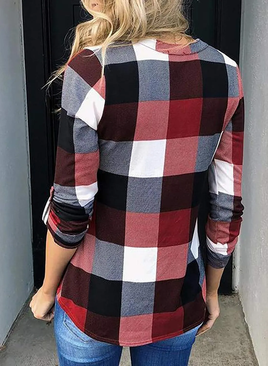 Dokotoo Womens Basic Casual V Neck Plaid Print Cuffed Long Sleeve Work Tops Blouses Shirts S-3XL