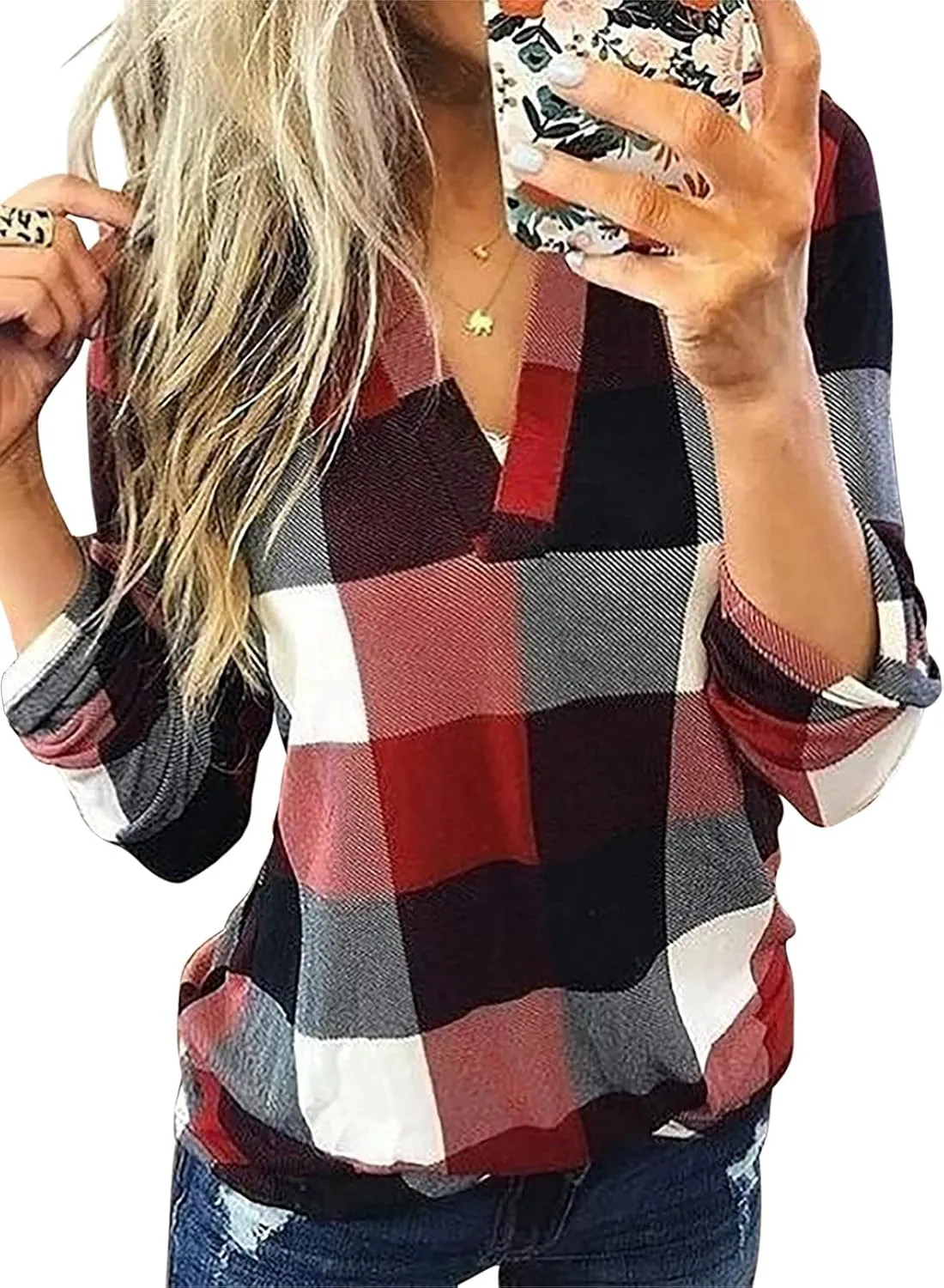 Dokotoo Womens Basic Casual V Neck Plaid Print Cuffed Long Sleeve Work Tops Blouses Shirts S-3XL