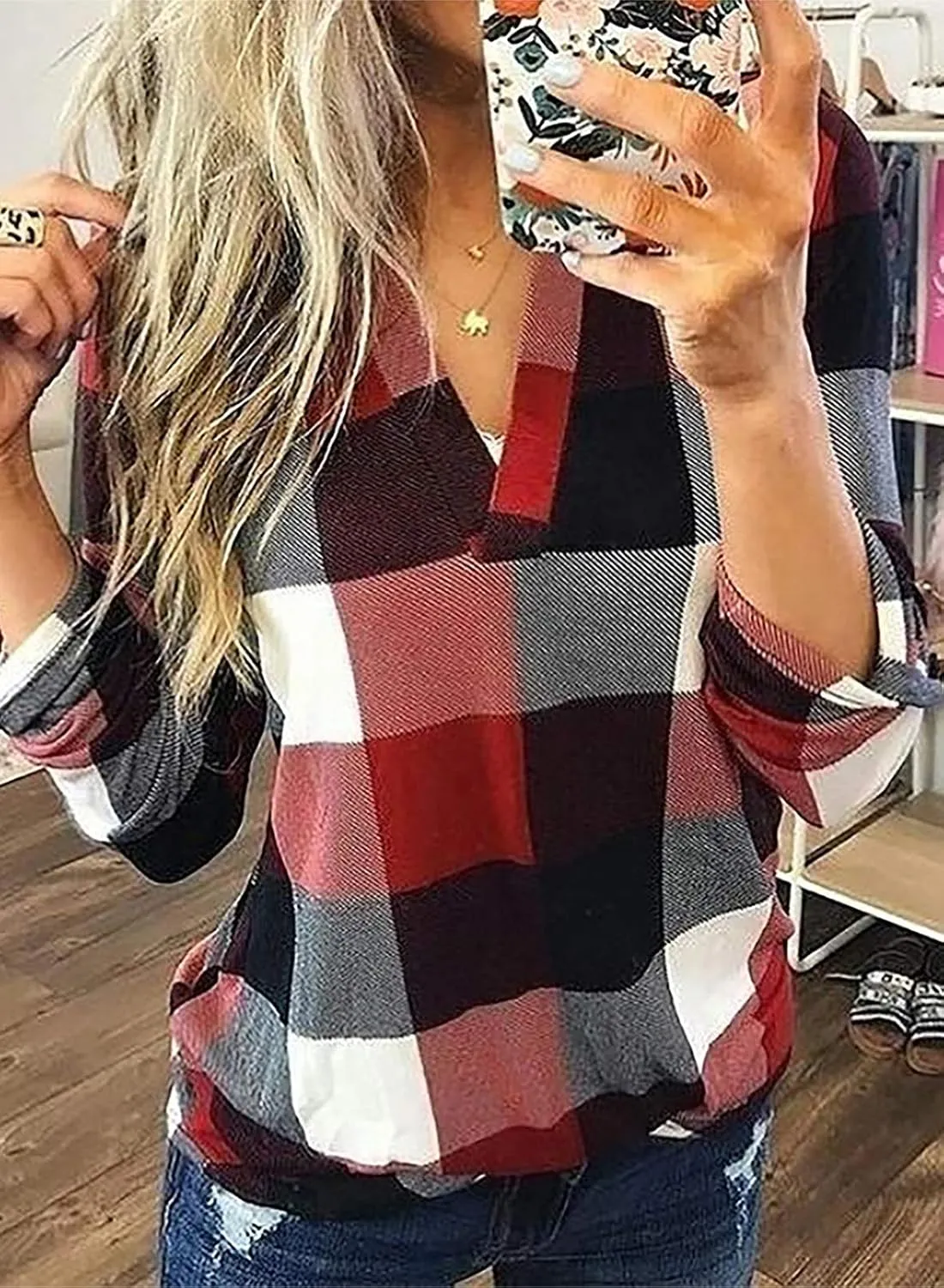 Dokotoo Womens Basic Casual V Neck Plaid Print Cuffed Long Sleeve Work Tops Blouses Shirts S-3XL