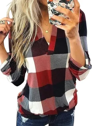 Dokotoo Womens Basic Casual V Neck Plaid Print Cuffed Long Sleeve Work Tops Blouses Shirts S-3XL
