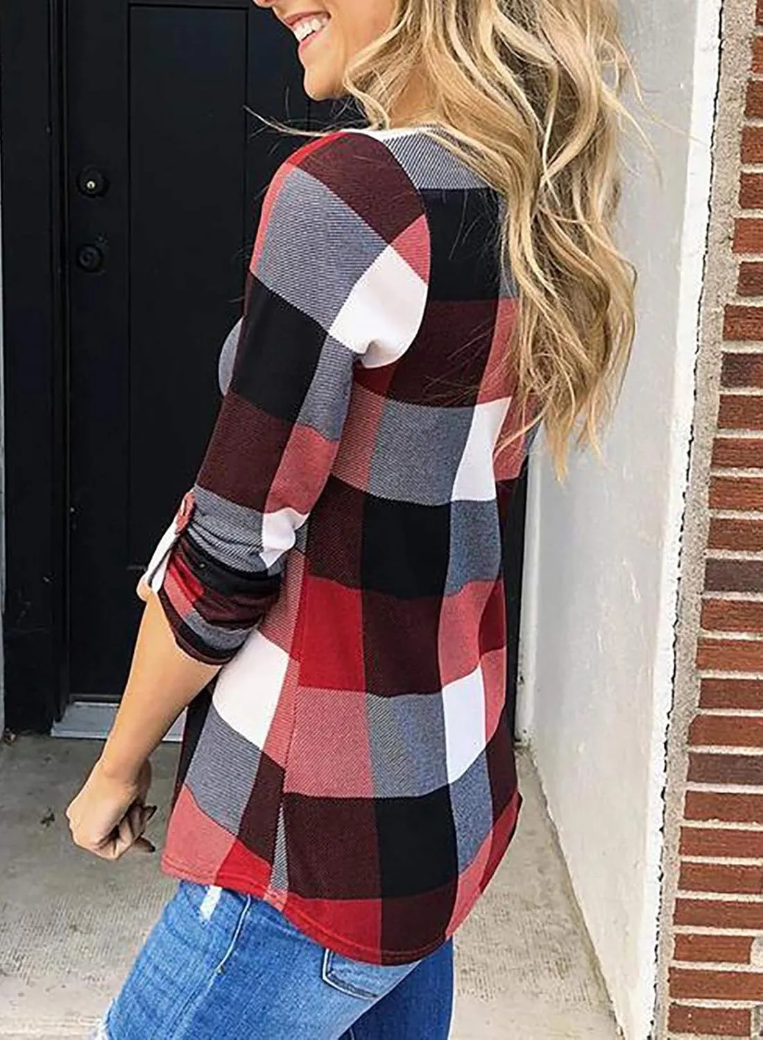 Dokotoo Womens Basic Casual V Neck Plaid Print Cuffed Long Sleeve Work Tops Blouses Shirts S-3XL