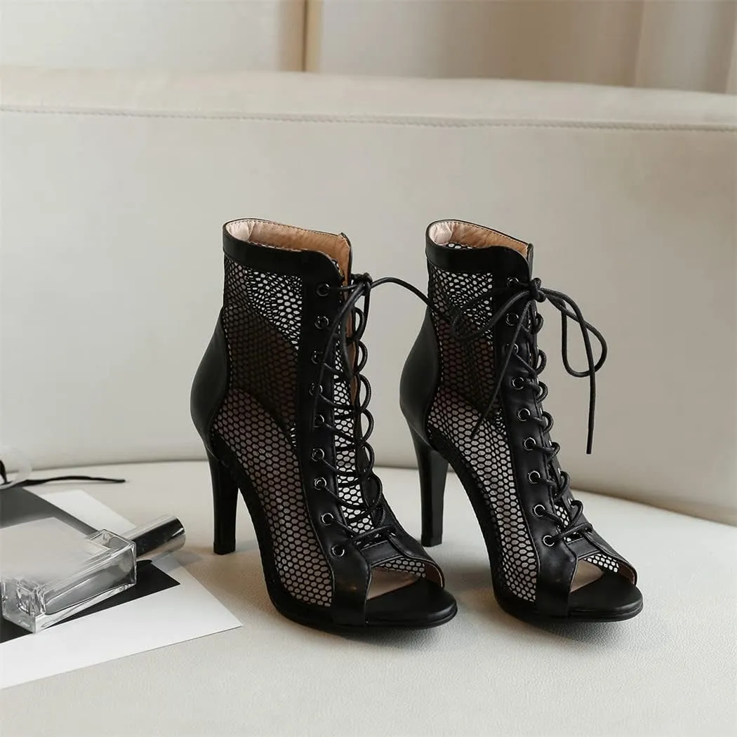 Elbslutt Women's Peep Toe Mesh Ankle Boots Stilettos Lace Up Summer Booties High Heeled Sandals Dress Boots