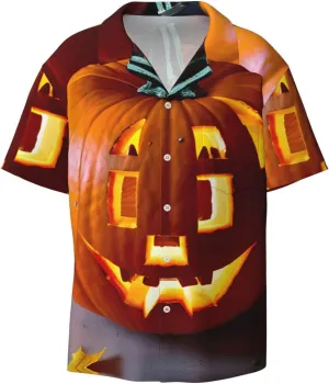 Fall Pumpkin Printing Men's Fashion Summer Short Sleeve Button Shirt with Pocket,S-4xl Cuban Shirt Hawaiian Shirt