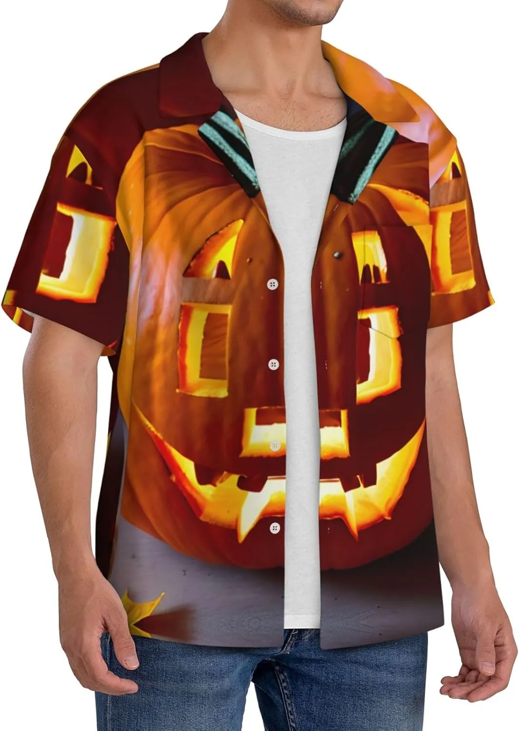Fall Pumpkin Printing Men's Fashion Summer Short Sleeve Button Shirt with Pocket,S-4xl Cuban Shirt Hawaiian Shirt