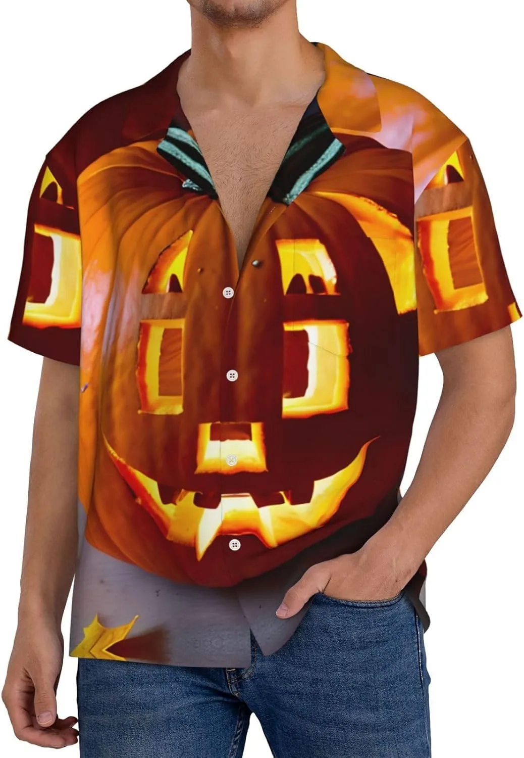 Fall Pumpkin Printing Men's Fashion Summer Short Sleeve Button Shirt with Pocket,S-4xl Cuban Shirt Hawaiian Shirt