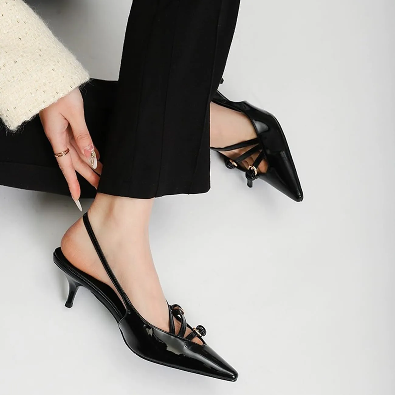 Fashion Buckle Slingback Kitten Heels for Women Buckle Strap Work Pumps
