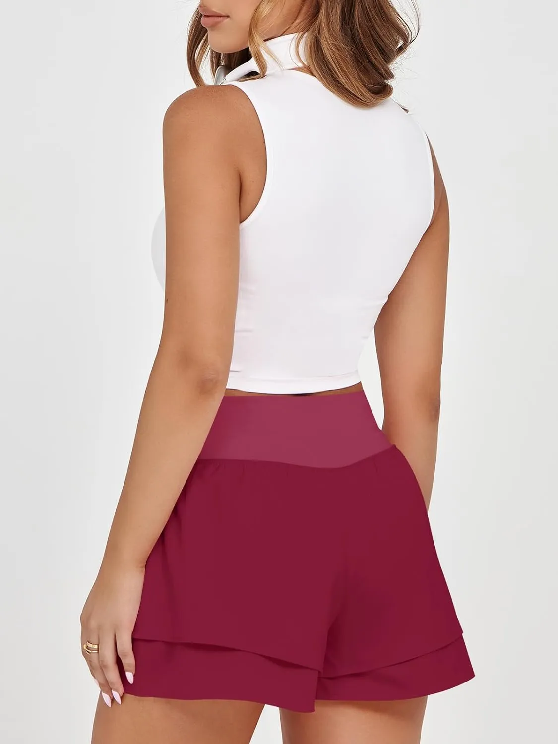 Fisoew Womens High Waisted Athletic Shorts Ruffle Tiered Running Workout Tennis Shorts with Build in Shorts