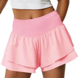 Fisoew Womens High Waisted Athletic Shorts Ruffle Tiered Running Workout Tennis Shorts with Build in Shorts