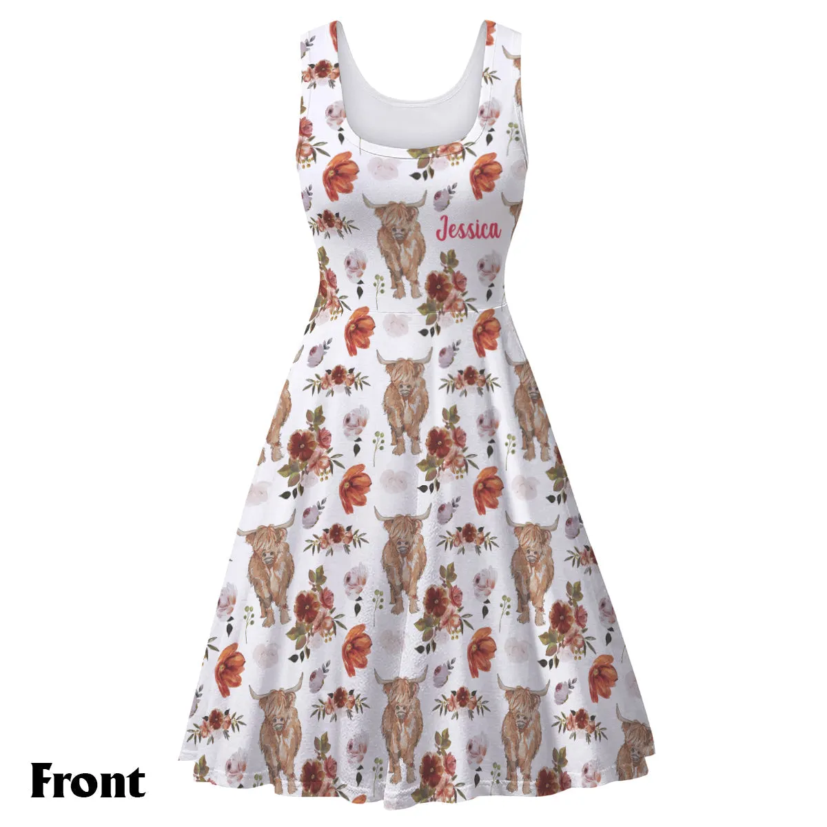 Floral Highland Cow - Personalized Highland Cow Sleeveless Dress