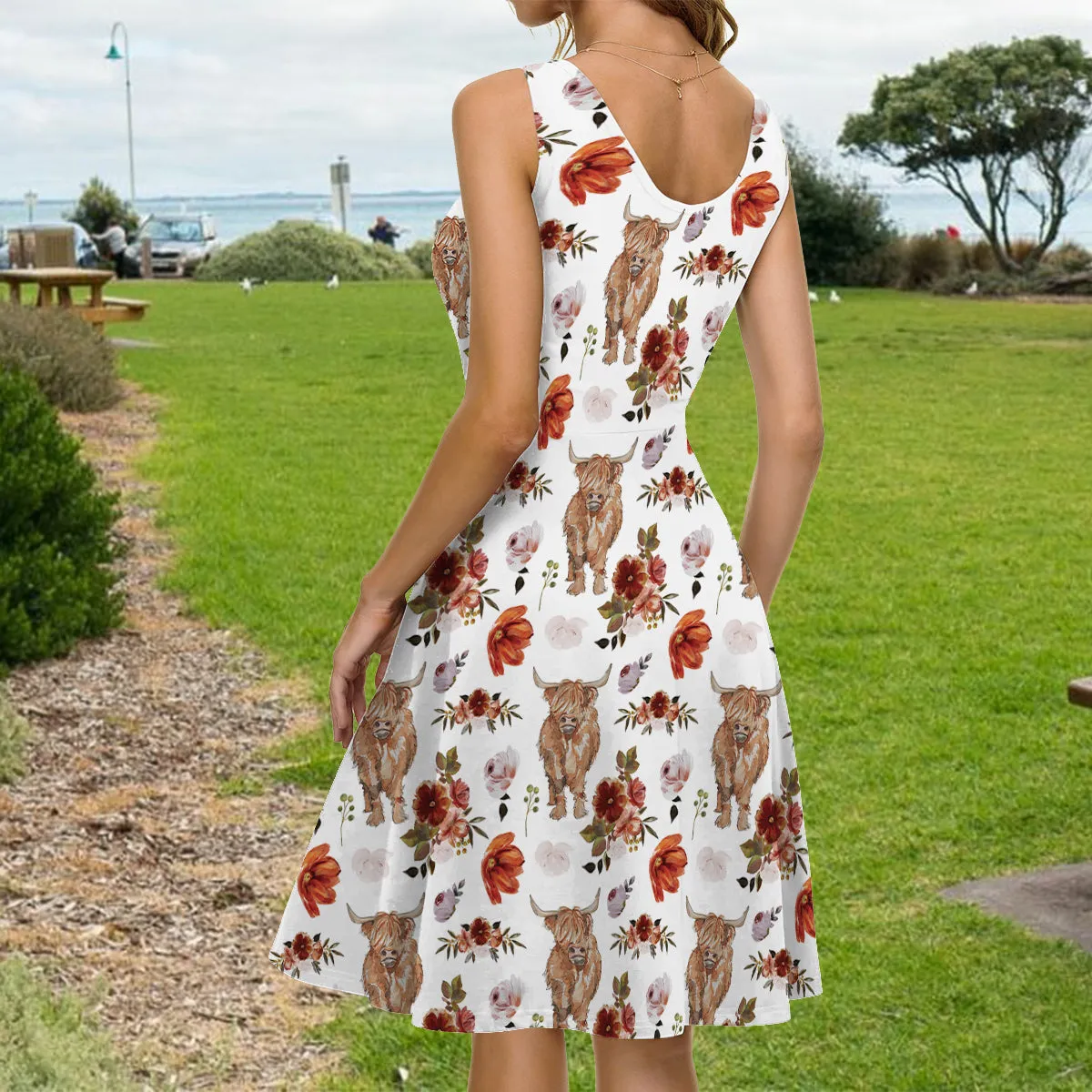 Floral Highland Cow - Personalized Highland Cow Sleeveless Dress