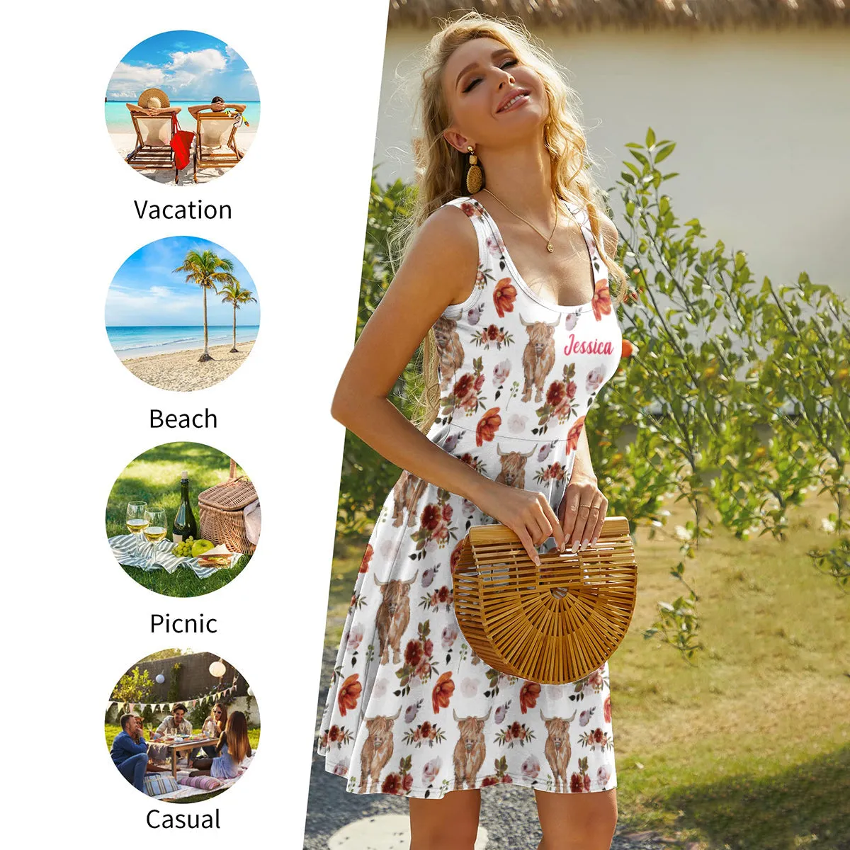 Floral Highland Cow - Personalized Highland Cow Sleeveless Dress